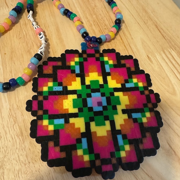 Colorful Beaded Necklace with Pixel Art Pendant (Made for edc) - Picture 5 of 6